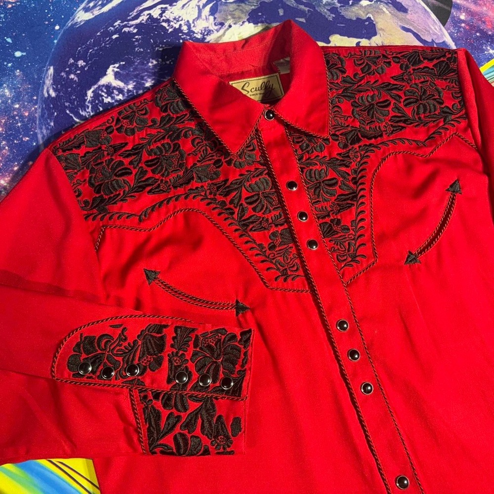 Vintage Scully Mens Red Black Floral Embroidered Western Snap Shirt P-834 M